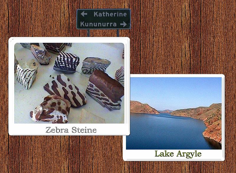 kununurra.jpg - Der Lake Argyle entstand 1972 durch den Bau eines Staudamms am Fluss Ord River in der Naehe der East Kimberleys. Er ist, gemessen am Speicherraum, Australiens zweitgroesstes Suesswasser-Reservoir. Hier in diesem Gebiet wird der beruehmte und auf der Welt einzigartige Zebrastein gewonnen